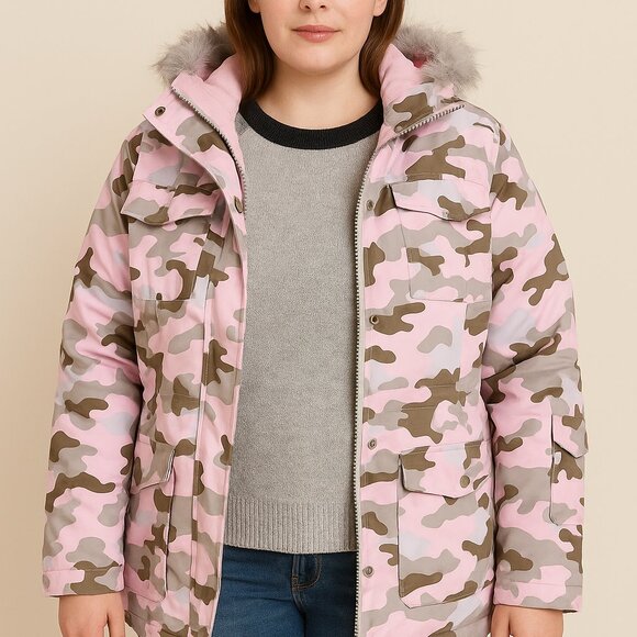 Vintage Cherokee Pink Camo Hooded Coat XL 14/16 Faux Fur Trim - Picture 5 of 5